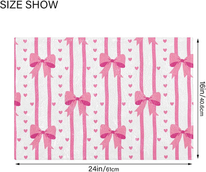 Pink Bows and Stripes Bathroom Rugs, Ultra Soft Absorbent Plush 16” x 24” Bath Mats, Non-Slip Machine Washable Shaggy Floor Rugs for Bathroom Tub