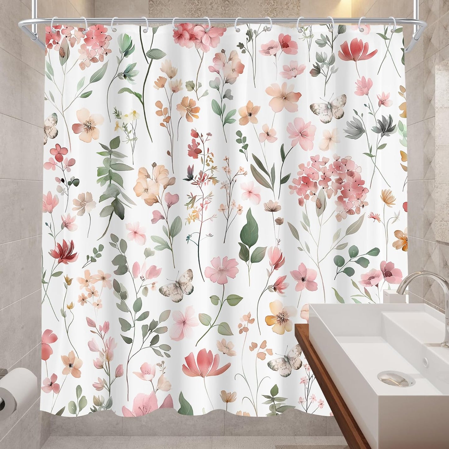 Pink Blush Coral Flower Floral Shower Curtain,Women Girls Wildflower Leaves Leaf Fabric Bathroom Curtains,Botanical Natural Spring Summer Butterfly Cloth Shower Curtain Set with Hooks, 72Wx72H