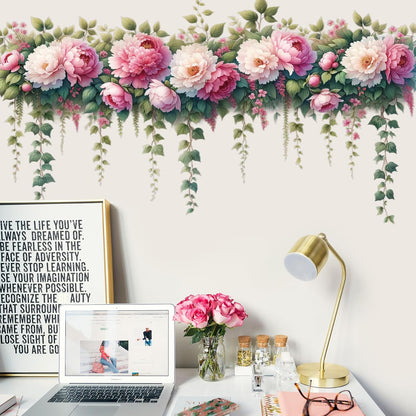 Removable DIY 3D Pink Peony Flower Wall Decals, Hanging Vine Vinyl Fresh Plant Green Leaves Art Decor for Girls Nursery Bedroom Living Room TV Background