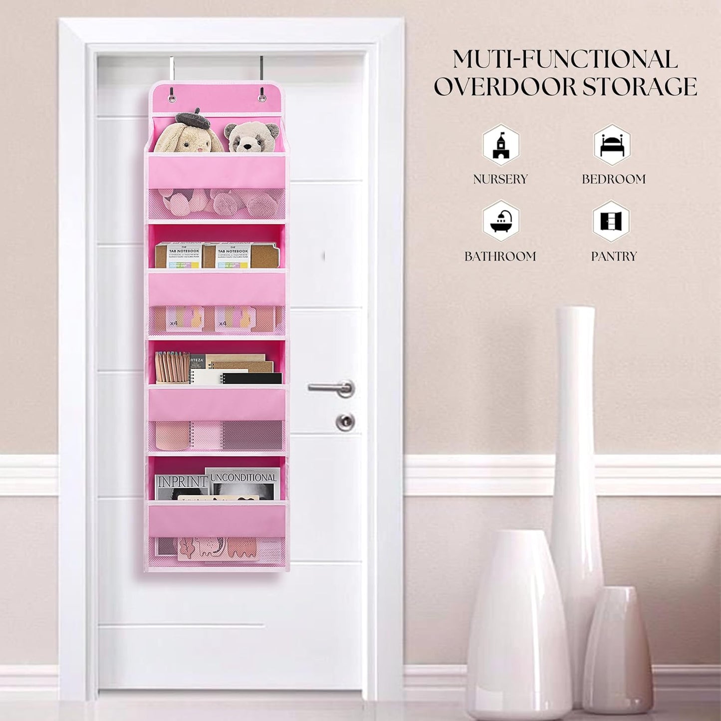 TYMENSH Pink Over Door Organizer with 4 Large Clear Pockets, Hanging Door Storage for Nursery, Bedroom, Bathroom, Closet, Toys, Diapers, Cosmetics, Baby Essentials