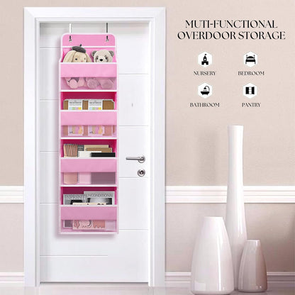 TYMENSH Pink Over Door Organizer with 4 Large Clear Pockets, Hanging Door Storage for Nursery, Bedroom, Bathroom, Closet, Toys, Diapers, Cosmetics, Baby Essentials