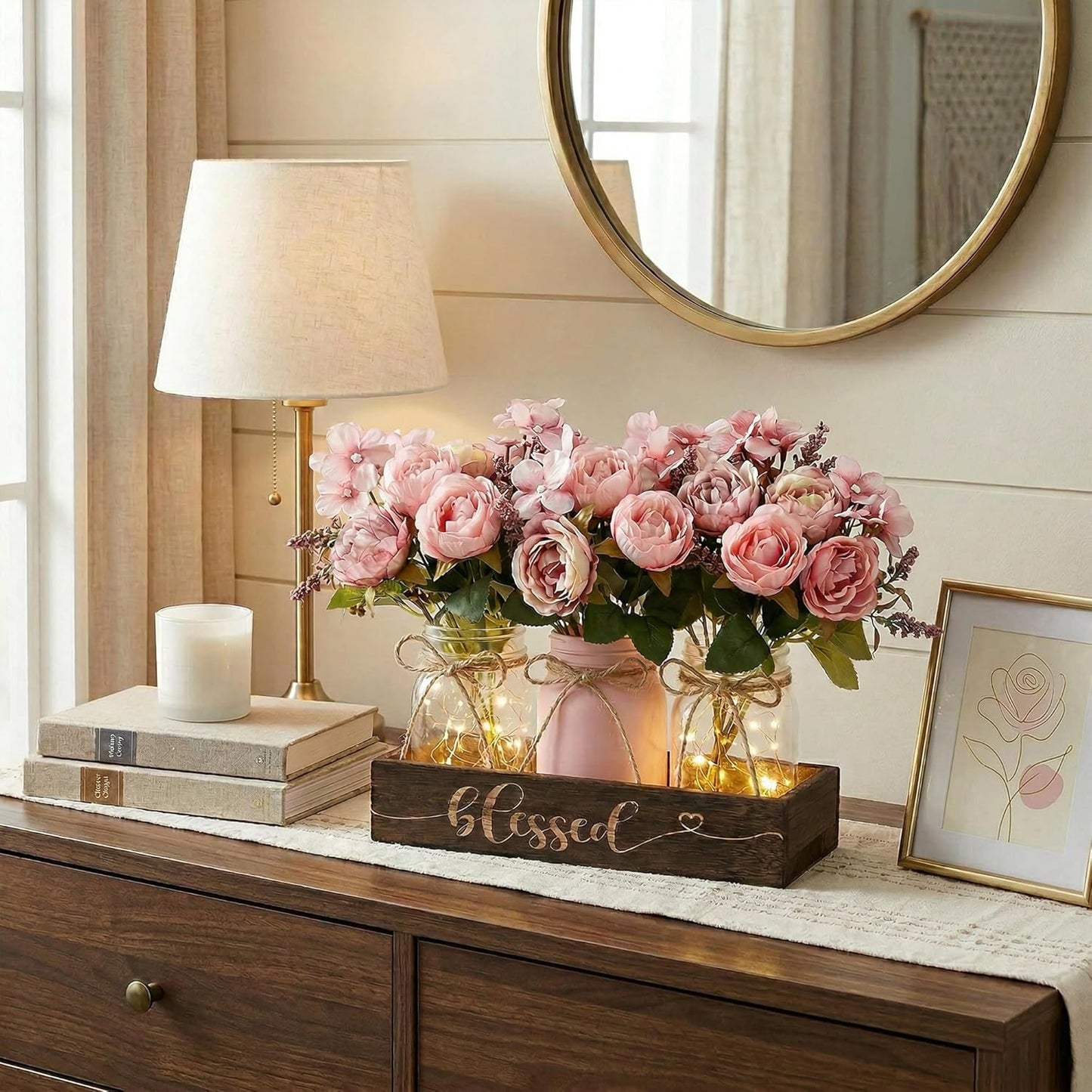 3 Pcs Mason Jar Centerpiece with Wood Tray & LED Light, Farmhouse Table Decor for Dining Room Kitchen Living Bathroom, Pink