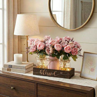 3 Pcs Mason Jar Centerpiece with Wood Tray & LED Light, Farmhouse Table Decor for Dining Room Kitchen Living Bathroom, Pink