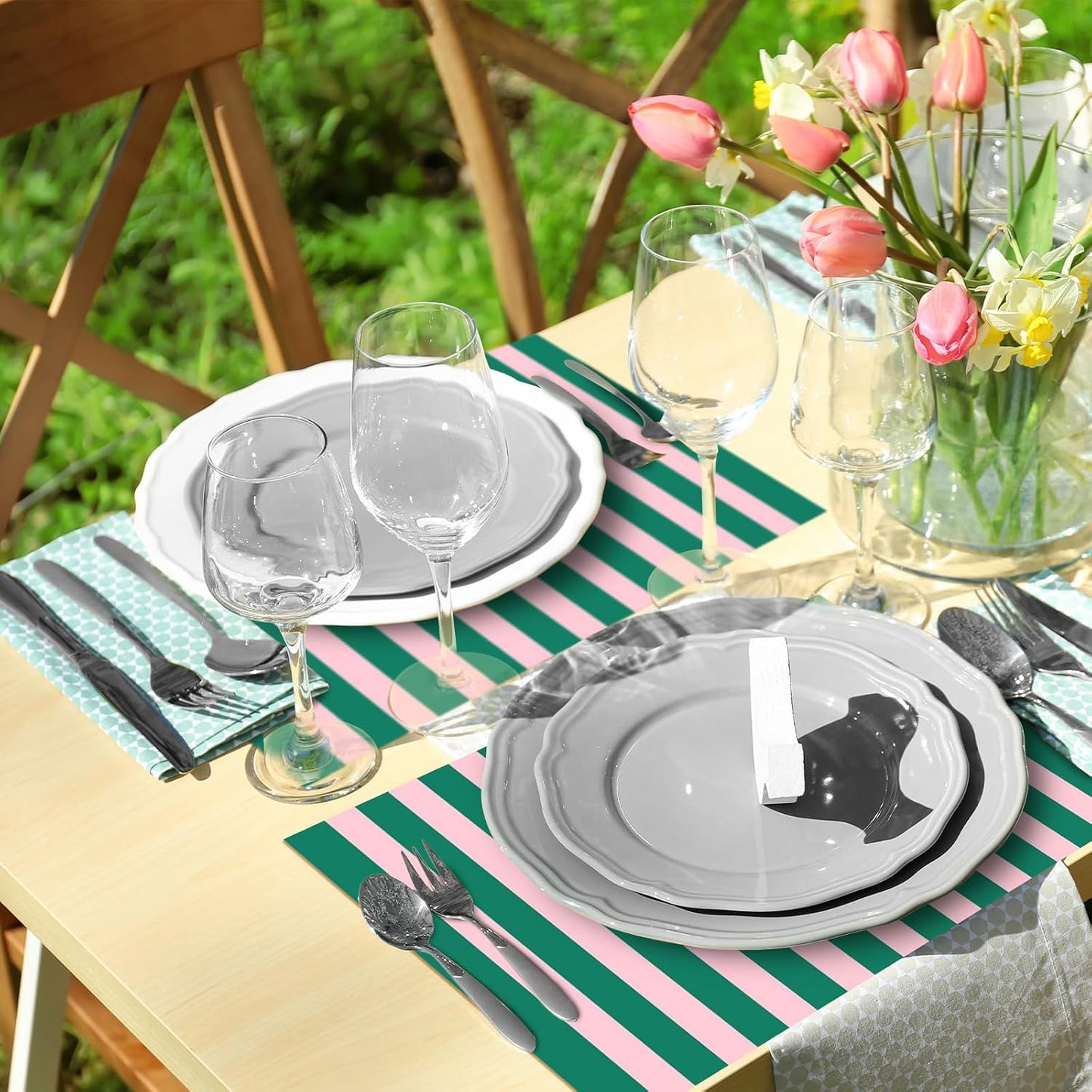 Whaline 50Pcs Stripe Paper Placemats Disposable Table Mat Green Pink Cabana Stripe Decorative Place Mats for Birthday Wedding Party Decor Dining Table Setting, 10 x 14 Inch