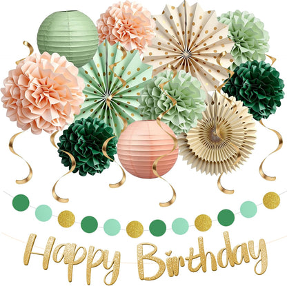 Sage Green and Peach Party Decorations, Boho Birthday Decorations for Women Girls, Baby Shower Decorations with Olive Peach Paper pom pom, Lanterns, Fans for Bridal Shower Wedding Engagement