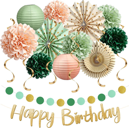 Sage Green and Peach Party Decorations, Boho Birthday Decorations for Women Girls, Baby Shower Decorations with Olive Peach Paper pom pom, Lanterns, Fans for Bridal Shower Wedding Engagement
