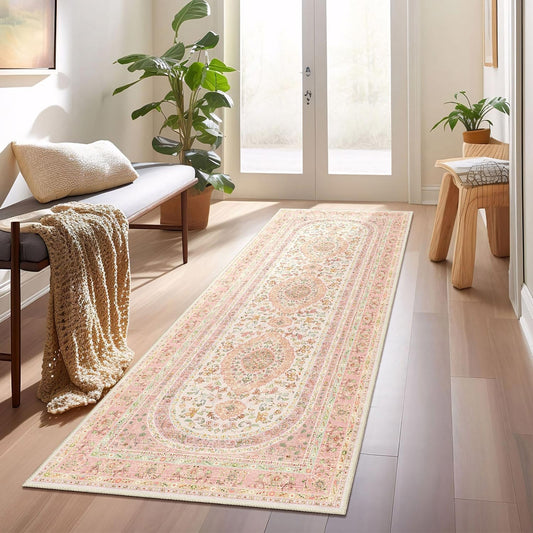 Washable Runner Rug 2'x6',Pink Rug Runners Non Slip,Long Boho Rugs for Hallways Kitchen Bedroom Entryway Living Room Bathroom,Vintage Bohemian Distressed Farmhouse Floor Carpet,Blush Floral