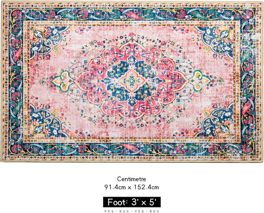 Boho Rug 3x5 Pink Small Area Rug Washable Vintage Rug for Kitchen Living Room Bedroom Bathroom Office Low Pile Non Slip Indoor Floor Carpet