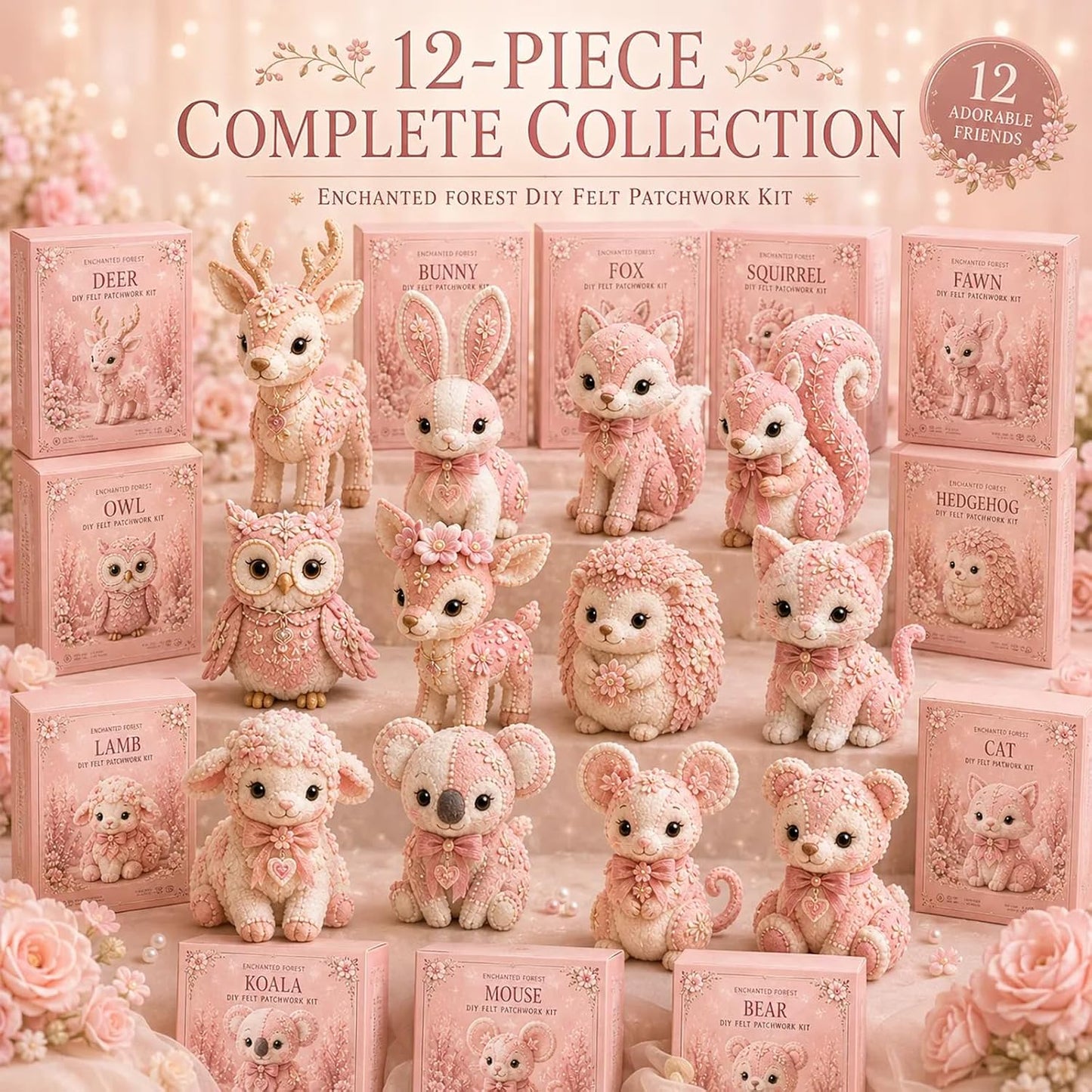 Pink Woodland Friends DIY Felt Patchwork Kit, Pastoral Wild Creatures Handicraft Activity, Manual Tailoring Bundle, Textile Hobby, DIY Fabric Animal, Unique Roseate Doll Ornament (Blush Deer)