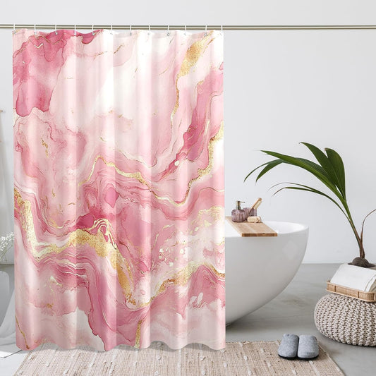 Peach Marble Shower Curtain Set, Luxury Abstract Modern Shower Curtain, 3D Contemporary Bathroom Accessories, Polyester Fabric Decorative -62''x72''