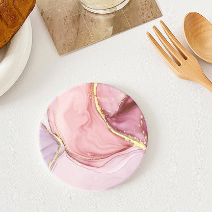 Drink Coasters Set of 4 with Holder Round Water Absorbent Pink Cute Marble Ceramic Coasters Tabletop Protection, Suitable for Various Mugs, Home Decor，Housewarming Gift, 4 Inch