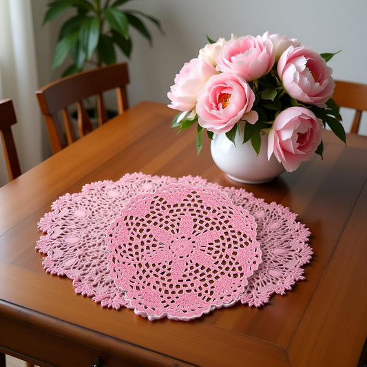 Pink Round Lace Doily Placemat Hand Crochet Floral Table Mat Home Accessories Place Mats Kitchen and Table Linens
