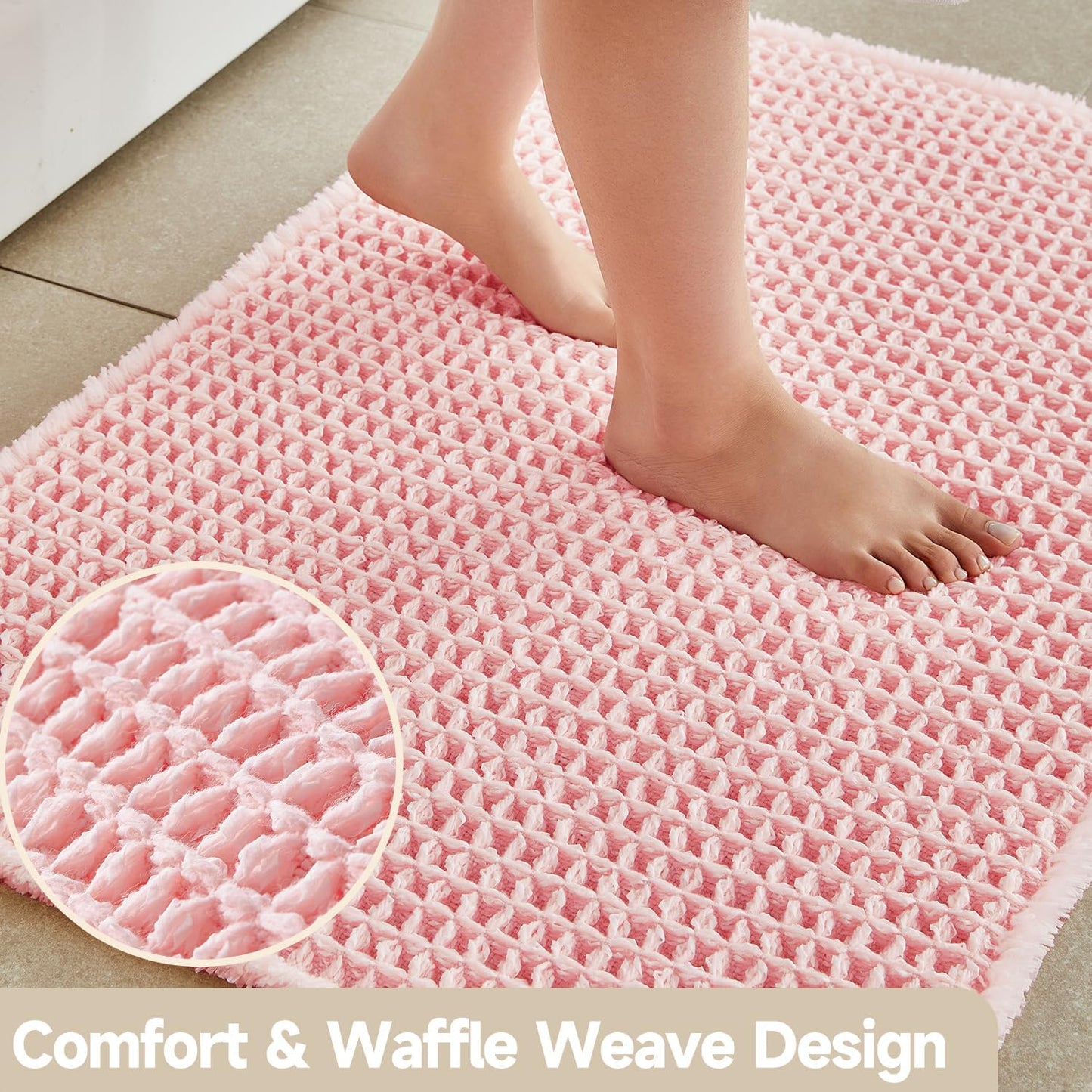 TYUU Light Peachy Pink Bathroom Rugs, Waffle Bath Mat Non Slip Washable Quick Dry Cute Bath Mat Boho Farmhouse Bathroom Decor, 30"x20" Light Peachy Pink