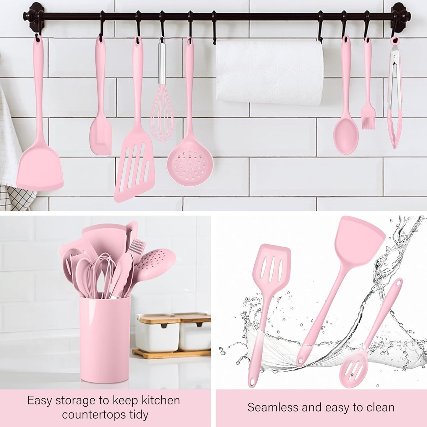 HaWare 11 PCS Silicone Cooking Utensils Set, Heat Resistant Kitchen Utensils with Holder, Food-grade Spatula Sets for Nonstick Cookware, Kitchen Tools Gadgets Include Fish Turner, Spoon (Pink)