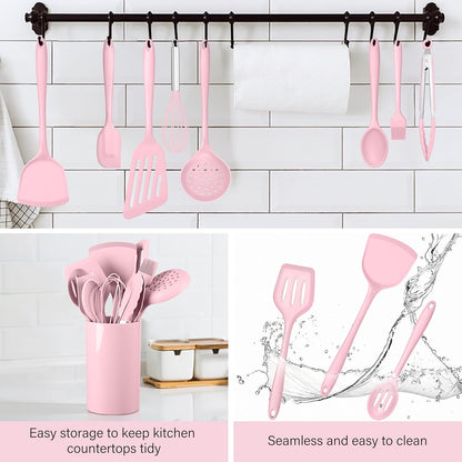 HaWare 11 PCS Silicone Cooking Utensils Set, Heat Resistant Kitchen Utensils with Holder, Food-grade Spatula Sets for Nonstick Cookware, Kitchen Tools Gadgets Include Fish Turner, Spoon (Pink)