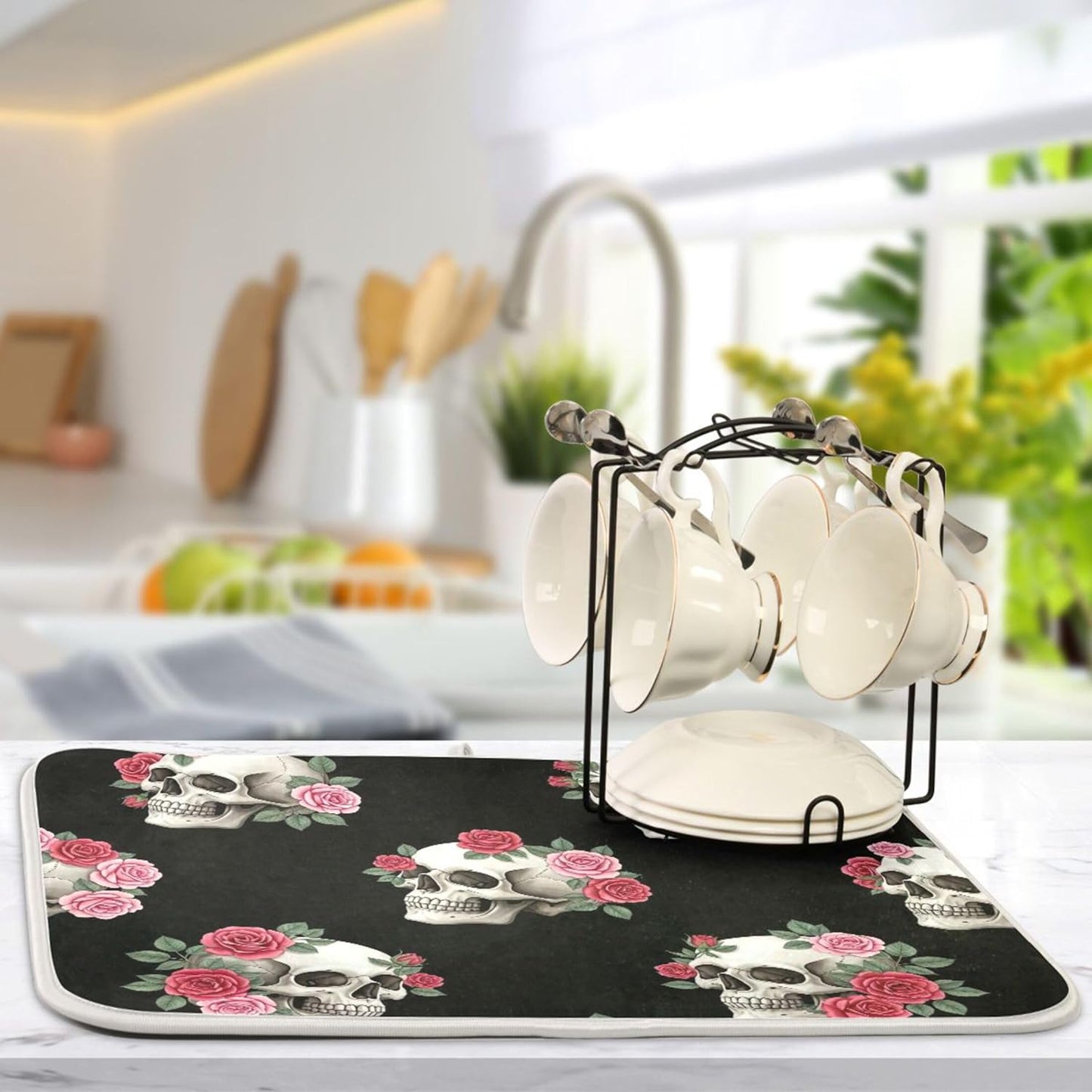 Skulls Pink Roses Black Dish Drying Mats Floral Pastel Absorbent Dish Dry Mat Kitchen Dishes Counter Mat, 18" x 24"
