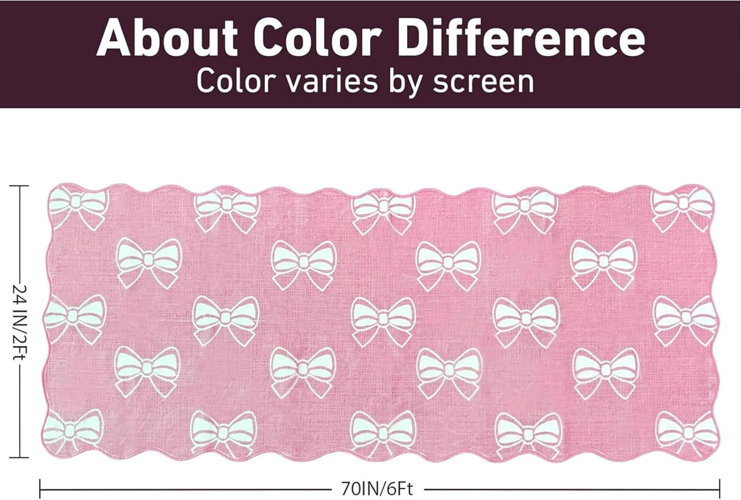 Pink Bow 2x6 Runner Rug for Hallway Entryway, Washable Cute Scalloped Bedside Rug for Living Room, Soft Low Pile Bowknet Rugs for Girls Bedroom Decor, Non Slip Carpet for Dorm Playroom Kitchen