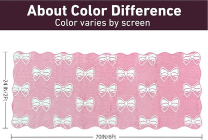 Pink Bow 2x6 Runner Rug for Hallway Entryway, Washable Cute Scalloped Bedside Rug for Living Room, Soft Low Pile Bowknet Rugs for Girls Bedroom Decor, Non Slip Carpet for Dorm Playroom Kitchen