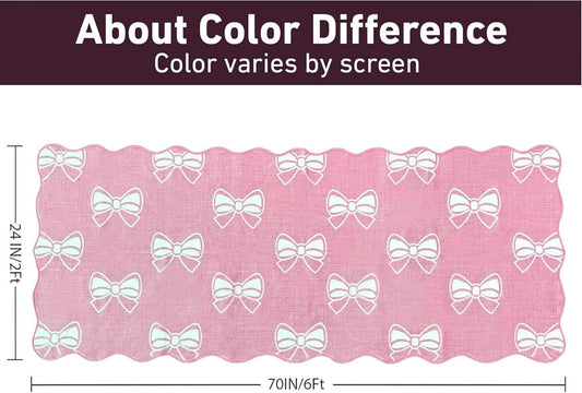 Pink Bow 2x6 Runner Rug for Hallway Entryway, Washable Cute Scalloped Bedside Rug for Living Room, Soft Low Pile Bowknet Rugs for Girls Bedroom Decor, Non Slip Carpet for Dorm Playroom Kitchen
