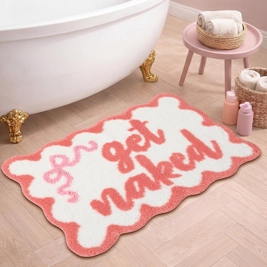 Boao Get Naked Bath Mat Coral Pink Bow Scalloped Bathroom Rug 20 x 32 Inch Soft Absorbent Non Slip Microfiber Rug Cute Aesthetic Preppy Bathroom Decor for Tub Floor Carpet Sink Shower