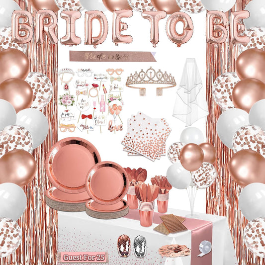 LFSTGN 274 Pcs Rose Gold Bridal Shower Decorations, Bachelorette Party Decorations Favors - "BRIDE TO BE" Banner, Veil, Balloon, Photo Props, Tableware with Rose Gold for 25 Guests