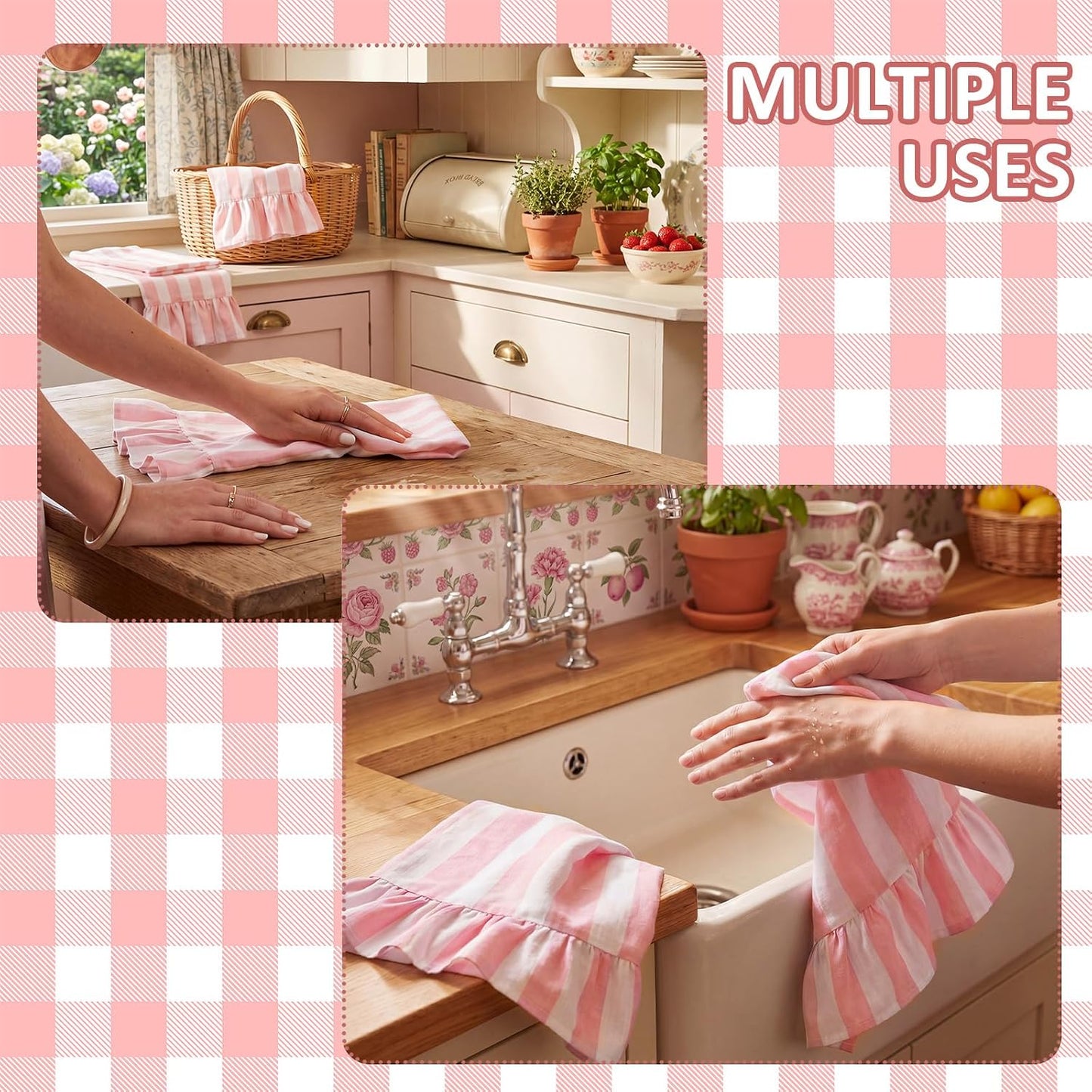 Pink Striped Kitchen Towels Set of 4, 100% Cotton Ruffled Striped Dish Towels 18"x31" Absorbent Tea Cloths Classic Pattern for Farmhouse Charm, Drying Dishes, Entertaining Guests