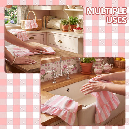 Pink Striped Kitchen Towels Set of 4, 100% Cotton Ruffled Striped Dish Towels 18"x31" Absorbent Tea Cloths Classic Pattern for Farmhouse Charm, Drying Dishes, Entertaining Guests