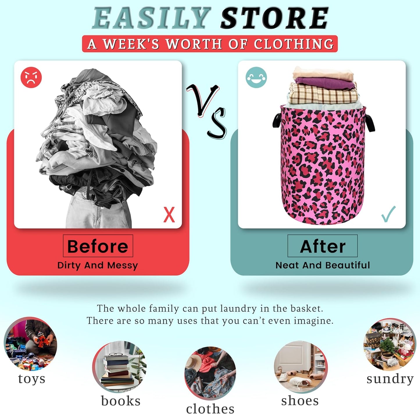 Pink Leopard Print Laundry Hamper Sexy Animal Laundry Basket With Handles Foldable Oxford Cloth Colorful Tote Bag Clothes Toy Storage Bucket 18.9" x 16.5" For Bathroom/Laundry/Bedroom