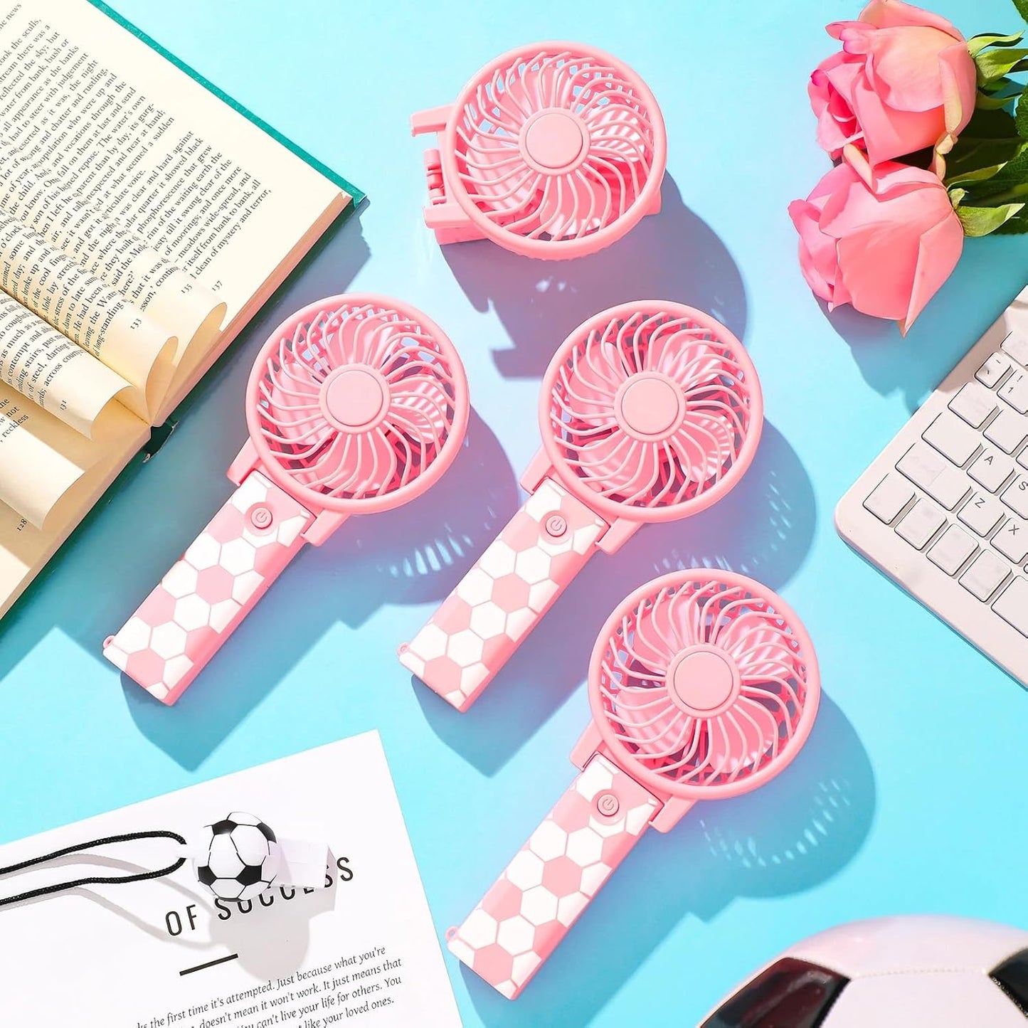Glooglitter 12 Pcs Soccer Portable Fans Foldable Pink Soccer Handheld Fans Bulk with Lanyard Small Personal Fan Favor for Team Gift Outdoor Sport Game Cooling Favors, Battery Not Include