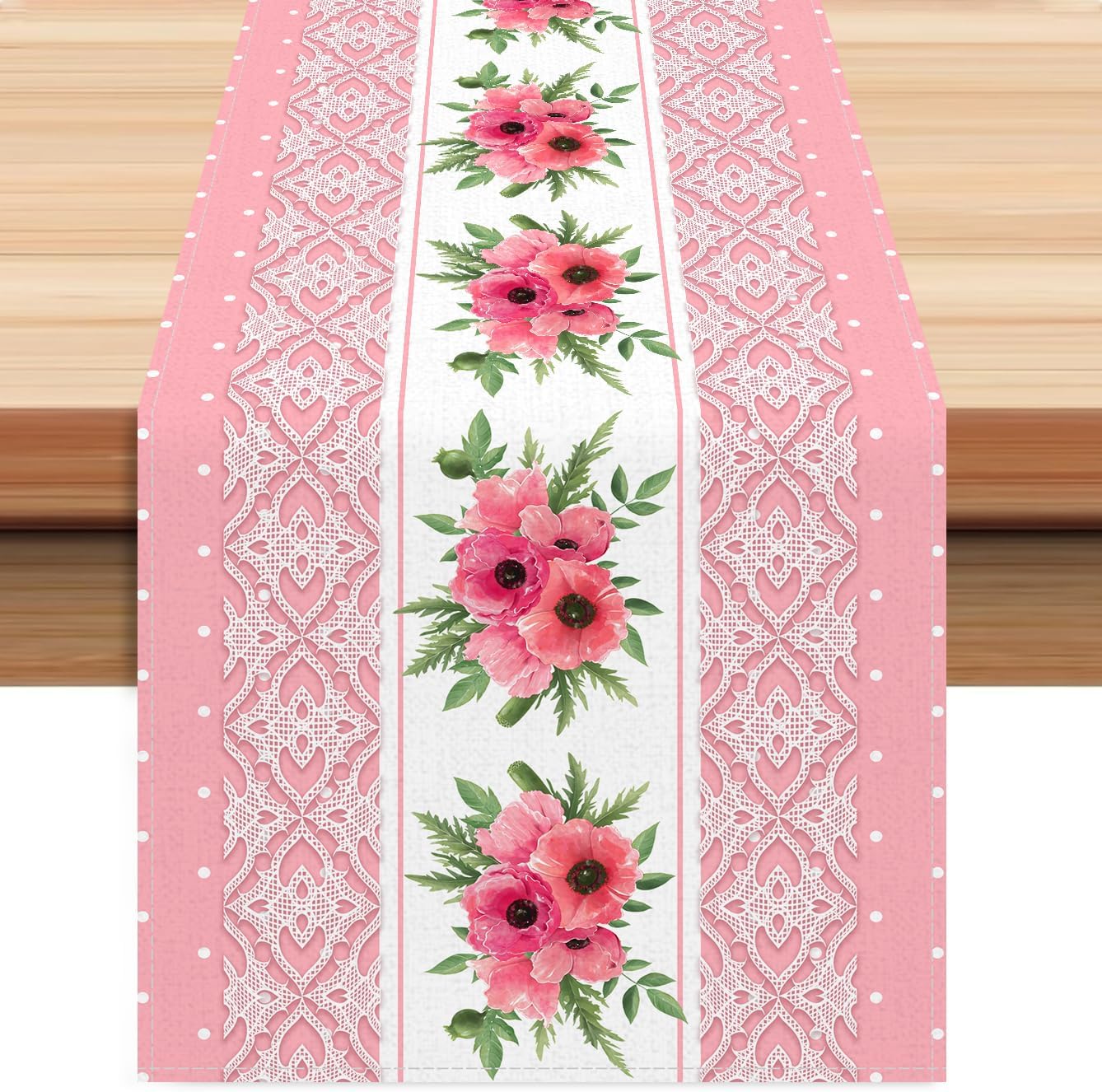 Pink Printed Lace Floral Spring Table Runner, 13x72 Inch | Seasonal Summer Kitchen Dining Table Decoration for Holiday Home Dining Style Table Party Decoration