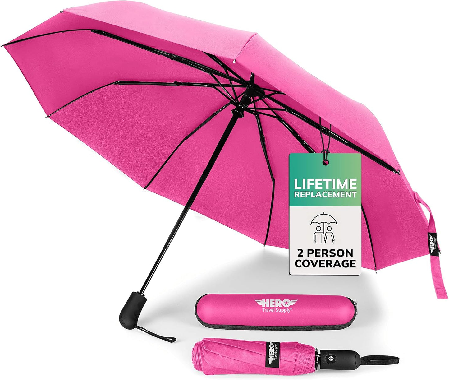 HERO Windproof Travel Umbrella – Premium Auto Open/Close, Lightweight, Compact, Portable Umbrella with 2-Person Coverage for Travel – Fits Easily in a Purse or Backpack