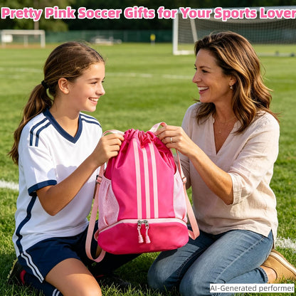 Soccer Bag, Youth Soccer Basketball Bag with Compartments Drawstring Backpack for Football Volleyball Gym Training (Pink)