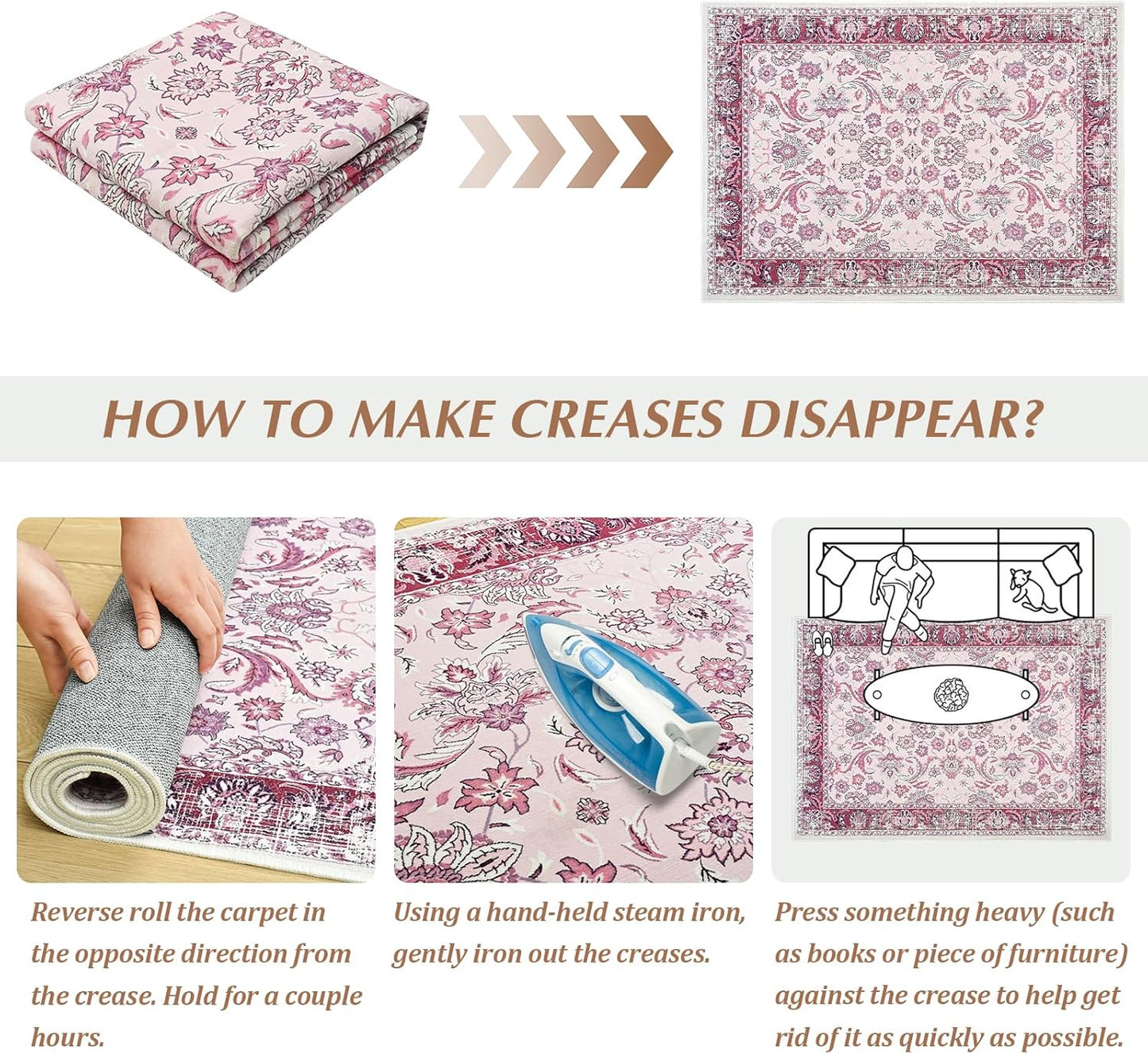 Area Rugs for Living Room, Washable 5x7 Area Rug for Bedroom, Floral Non-Slip Carpet for Nursery Home Office Dorm Dining Room Kitchen, Pink and White