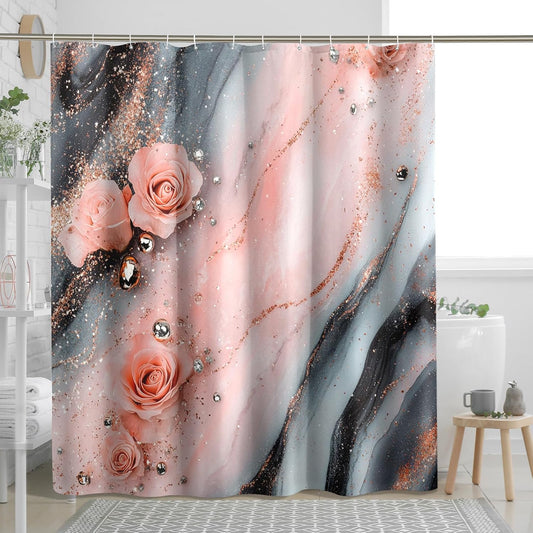 Peach Marble Shower Curtain Set, Luxury Abstract Modern Shower Curtain, 3D Contemporary Bathroom Accessories, Printed Pattern Decorative -62 * 72