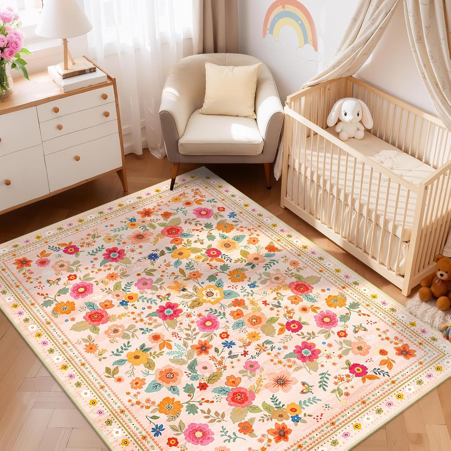 5x7 Area Rugs for Living Room Vacuum-Friendly Machine Washable Area Rug Flower Floral Printed Pattern Low Pile Non-Slip Carpet for Bedroom Hallway Entryway, Pink Beige