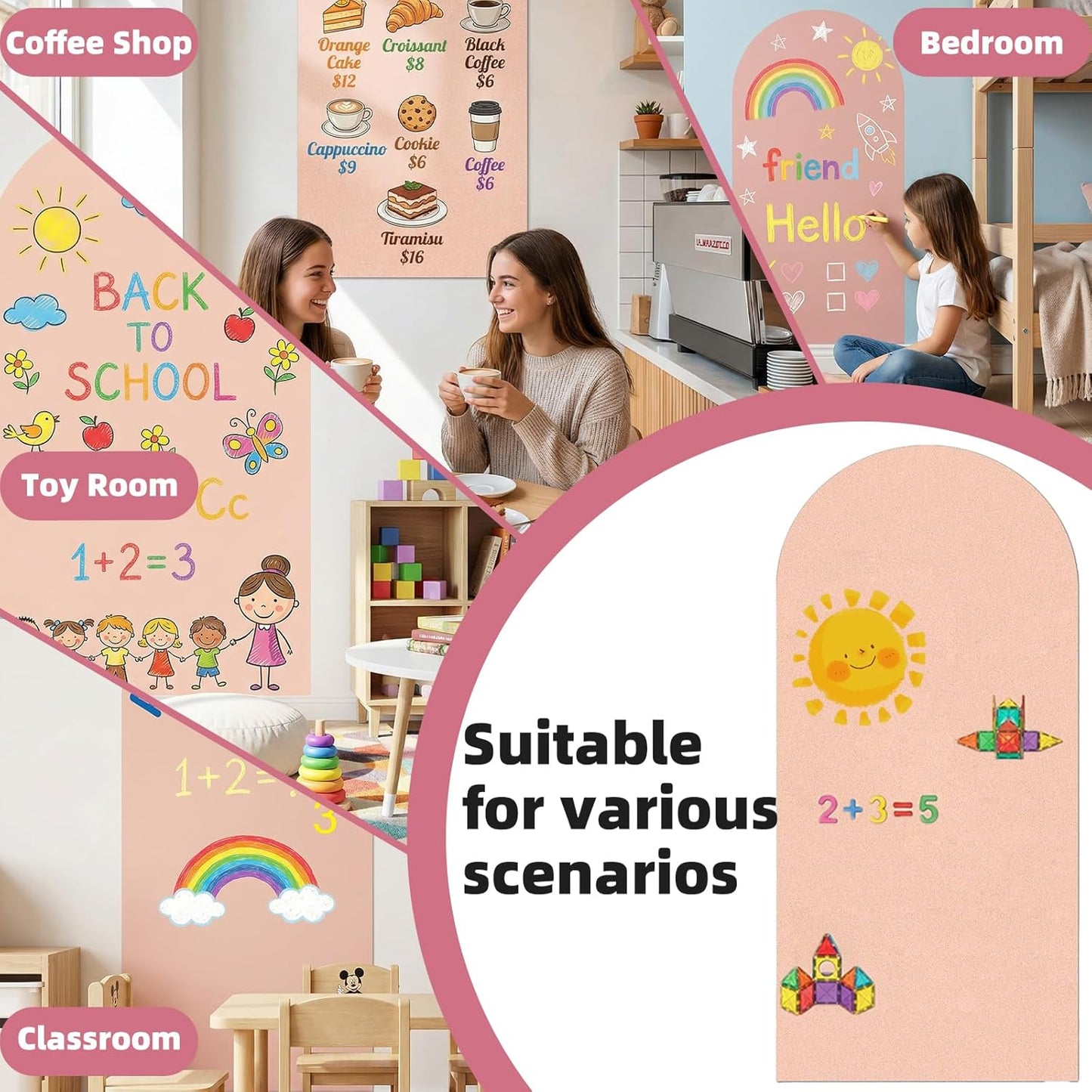 Magnetic Chalkboard Wall Decal, 40x18 Inch Arch, Removable Black Peach & Pink Sticker with 6 Dust-Free Chalks, Peel and Stick Board for Kids Playroom Office