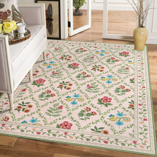 Washable 9x12 Area Rugs - Large Stain Resistant Pink Living Room Rug Non-Slip Soft Boho Floral Rugs for Bedroom Aesthetic Farmhouse Flower Big Carpet for Dining Room Under Table Kids Room