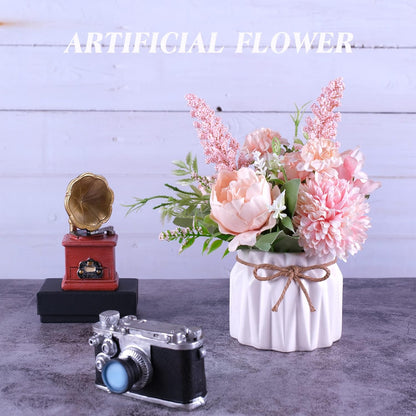 Artificial Potted Flowers Pink, Small Ceramic Vase Fake Flower Plants Desktop Decoration Indoor for Home and Office, Faux Flowers Hydrangea Decora for Table,Bookshelf,Bedroom,Living Room,Party.(Pink)