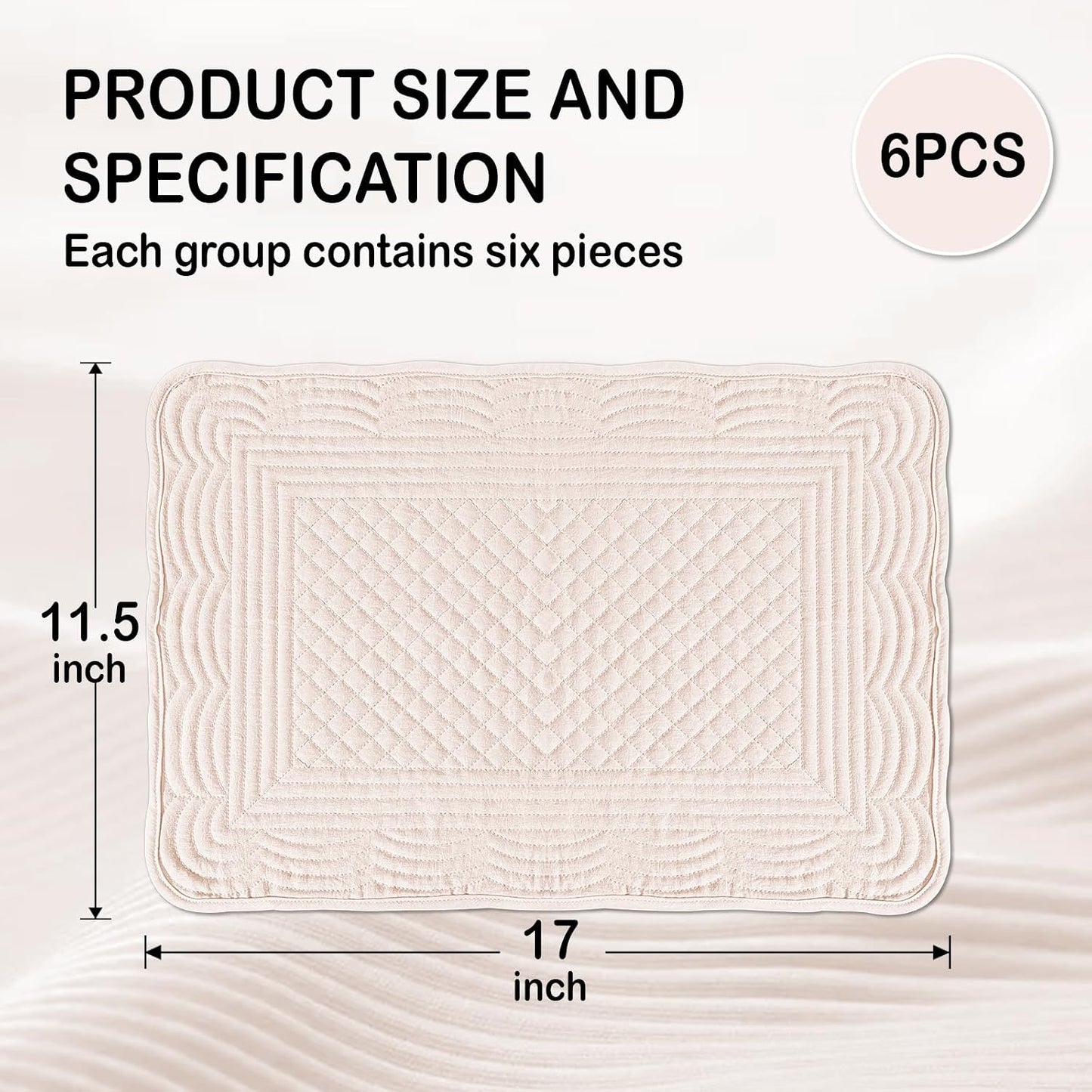 Quilted Placemats Set of 6, Rectangular Placemats Machine Washable for Kitchen or Dining Table Fabric Rectangular Table Mats100% Cotton Pink