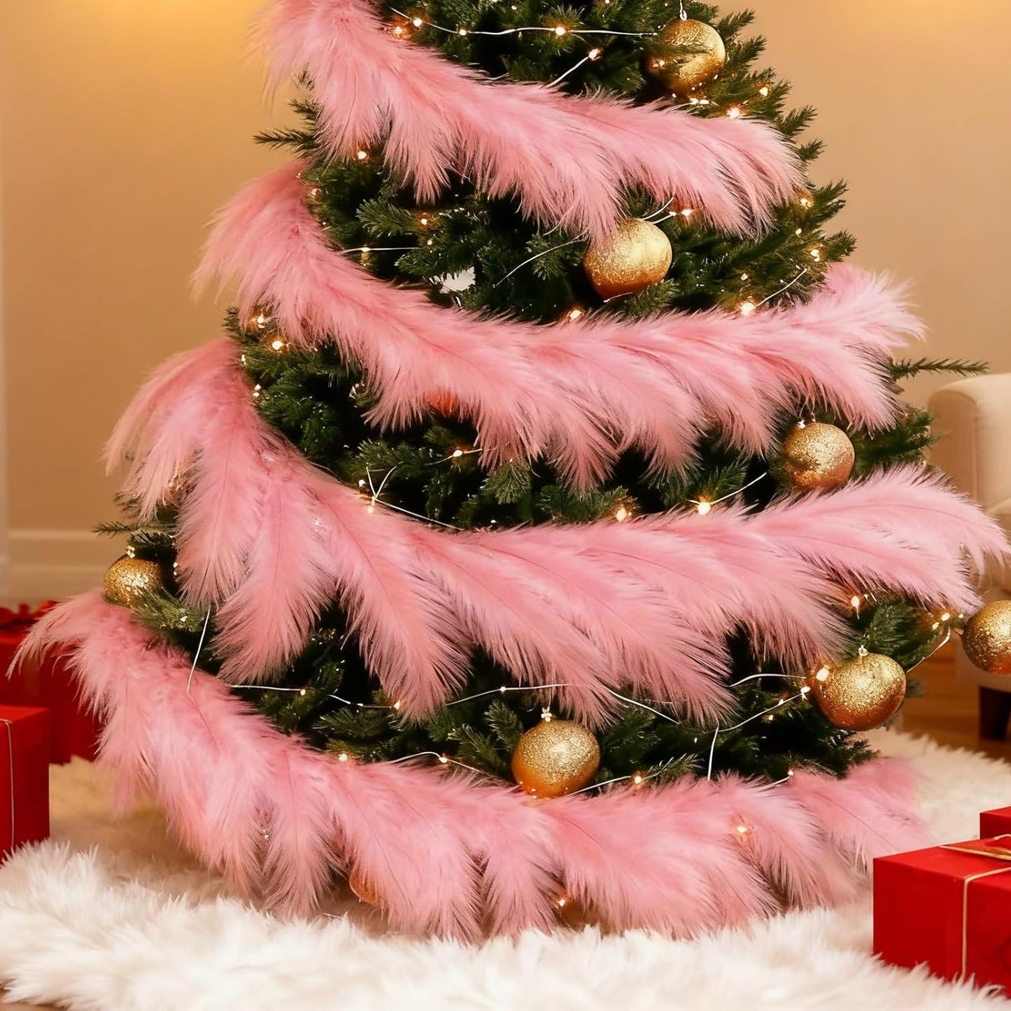 2 Pcs 12 Ft Christmas Tree Garland Decoration Pink Pampas Grass Garland Artificial Faux Fabric Feathers Wreath for Mantle Xmas Tree Home Farmhouse Christmas Holiday Party Supplies