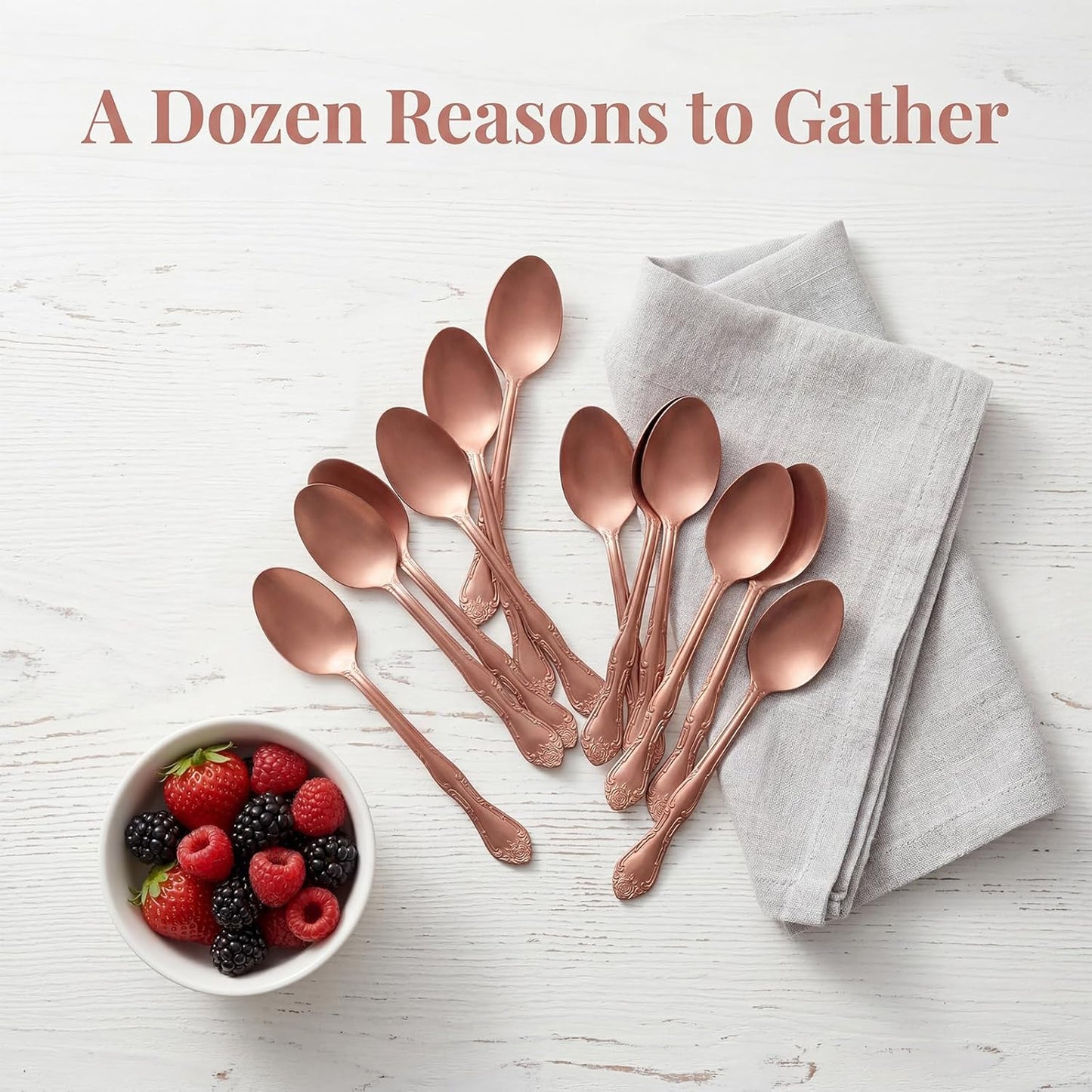 7.1-Inch Matte Rose Gold Dinner Spoons Set of 12, 430 Stainless Steel Satin Finish Soup Spoons, Rose Pattern Heavy Duty Silverware Spoon Set, Dishwasher Safe for Home, Restaurant & Camping