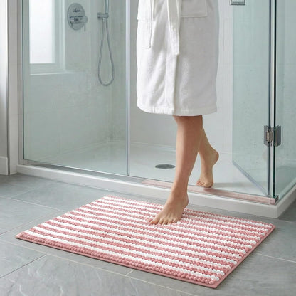 Chenille Bathroom Rug Non Slip Washable, Absorbent Bath Mat with Quick Dry Surface and Durable Hot Melt Adhesive Backing for Floor, Tub, Shower, Sink, Small (16" x 24"), Pink and White Pinstripe