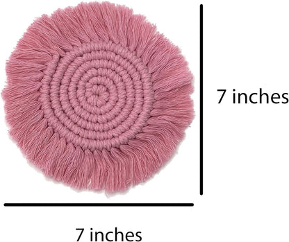 Set of 2 Macrame Handmade Cotton Coasters- Elegant and Absorbent 7-inch Round Woven Boho Coaster Set with Fringe Tassels for Drinks and Mugs, Spiral Weave (Pink, 2)