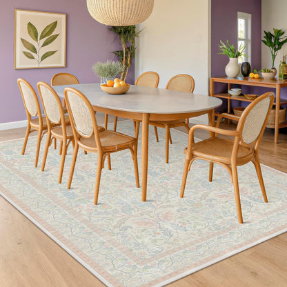 Large 8x10 Floral Cute Oushak Rug for Bedroom, Pink and Blue Washable French Country Area Rug Living Room, Low Pile & Soft Thin Carpet with Botanical and Wildflower Pattern (Cream & Pink)