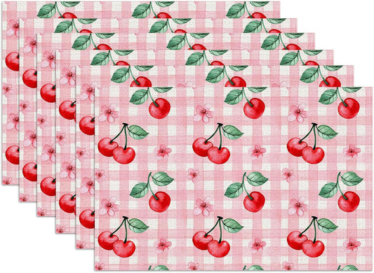 Pink Cherry Spring Flower Placemats Set of 6,12x18 Inch Linen Place Mat Washable Stain Resistant Table Mats for Spring Summer Seasonal Farmhouse Kitchen Party Home Decor
