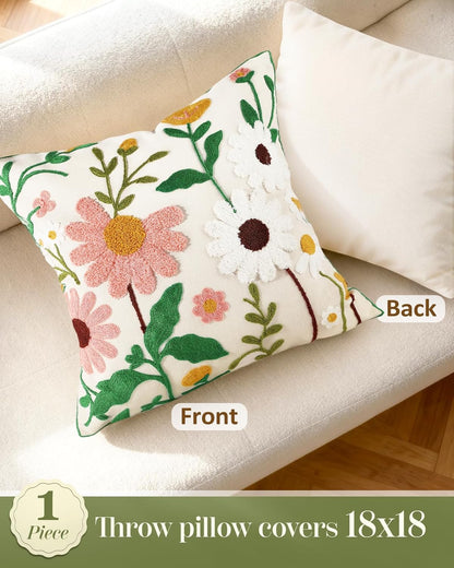 Embroidered Throw Pillow Cover - 18x18 Decorative Pillow Cover with Zipper Aesthetic Cute Design Boho Spring Summer Cozy Throw Pillowcase for Living Room Couch Sofa Bed, Pink White Flower
