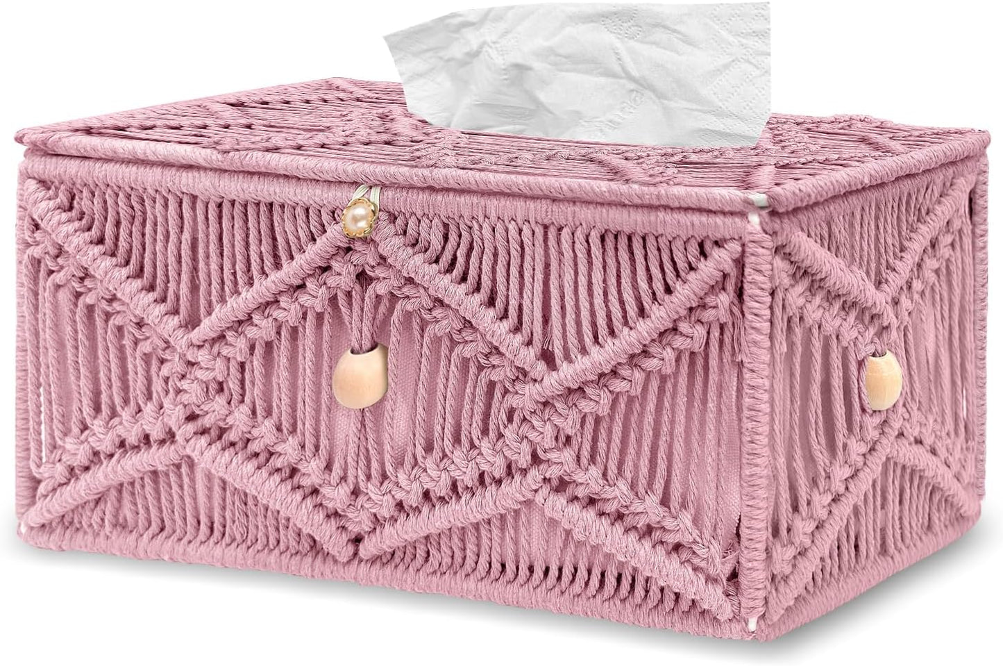 Handmade Tissue Box Cover Rectangle Decorative Macrame Boho Tissue Holder Cotton Rope Woven Napkin Facial Paper Organizer Bohemian Desk Storage Container with Buckle Wood Beads (Pink)