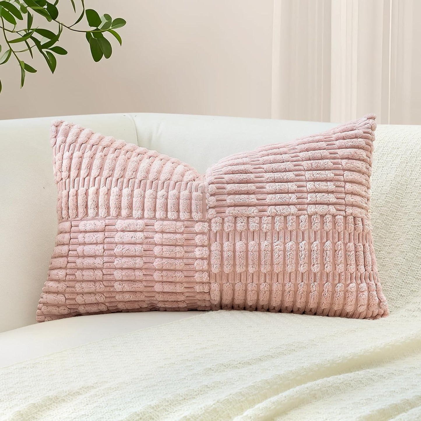 OTOSTAR Set of 1 Decorative Throw Pillow Cover Soft Corduroy Solid Lumbar Pillow Case Boho Striped Cross Patchwork Textured Farmhouse Cushion Cover for Sofa Car Patio Bed Living Room 12x20 Inch, Pink