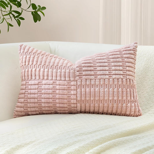OTOSTAR Set of 1 Decorative Throw Pillow Cover Soft Corduroy Solid Lumbar Pillow Case Boho Striped Cross Patchwork Textured Farmhouse Cushion Cover for Sofa Car Patio Bed Living Room 12x20 Inch, Pink