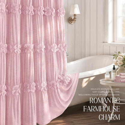 Ruffle Shower Curtain with Handmade Bow Tie, Pink Linen Vintage Farmhouse Shower Curtain for Bathroom, 72" W x 72" H